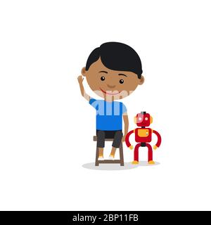 Indian boy with toy robot, isolated on the white background. Vector illustration Stock Vector