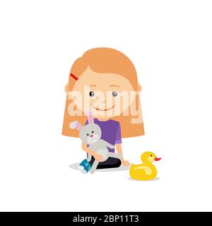 Little girl with a toy rabbit sitting on the floor, isolated on the white background. Vector illustration Stock Vector