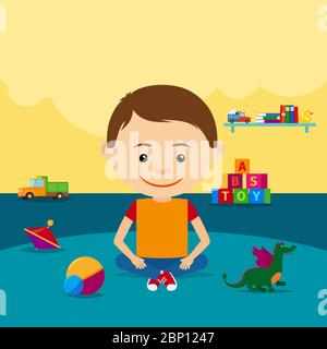 The boy sits on the floor surrounded by toys in a kindergarten. Vector illustration Stock Vector