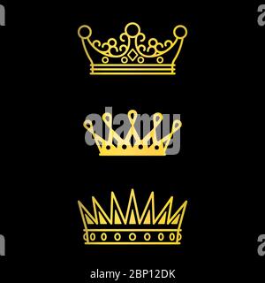 Crowns gold line icons collection on black background, vector illustration Stock Vector