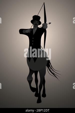 Backlit silhouette of centaur shooting arrows wearing top hat and elegant hunter clothes british style Stock Vector