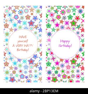 Vertical flyer birthday card with colorful cartoon stars, vector illustration Stock Vector