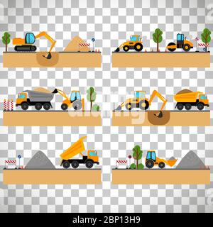 Building site machinery vector illustration. loader and excavator, digger and dumper isolated on transparent background Stock Vector