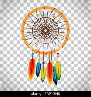 Dream catcher with feathers and beads in flat style isolated on transparent background Stock Vector