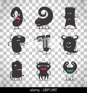 Cute black monsters vector illustration set isolated on transparent background Stock Vector