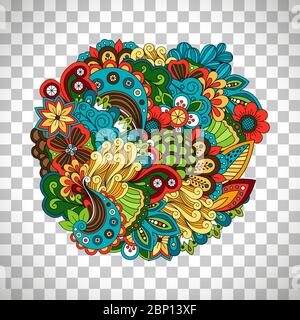 Ethnic colored floral illustration like doodle circular pattern vector isolated on transparent background Stock Vector