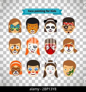 Face painting, kids faces with painting isolated on transparent background Stock Vector