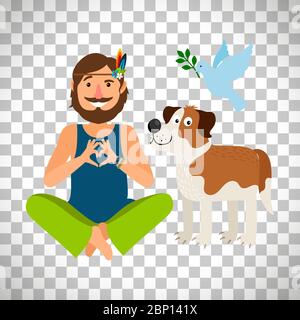 Hippie peace man with dog. Vector Illustration isolated on transparent background Stock Vector
