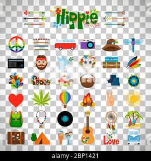 Hippie flat icons, vector hippie signs isolated on transparent background Stock Vector