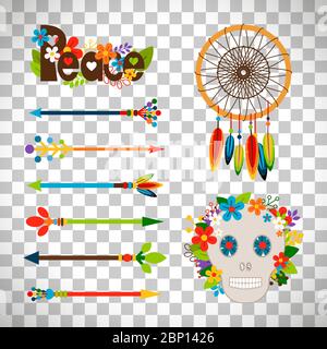 Hippie or boho elements. Vector ethnic set with arrows and skull, floral peace pattern and dream catcher isolated on transparent background Stock Vector