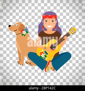 Hippie girl with guitar and dog isolated on transparent background, vector illustration Stock Vector