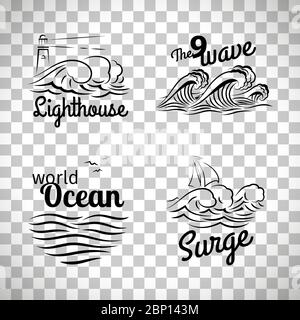 Ocean wave logo set, emblems with waves, lighthouse and boat vector isolated on transparent background Stock Vector