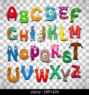 Monster alphabet, vector funny monster characters abc vector isolated on transparent background Stock Vector