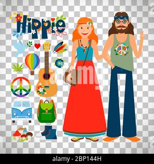 Hippie woman with long hair and man with guitar isolated on transparent background, vector illustration Stock Vector