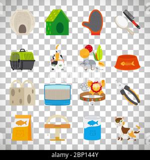 Pet cat toys and food signs vector illustration isolated on transparent background Stock Vector