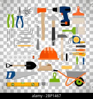 House repair, construction or working tools flat icons isolated on transparent background Stock Vector