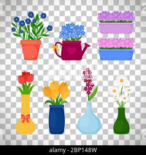 Spring flowers in pots set isolated on transparent background, vector illustration Stock Vector