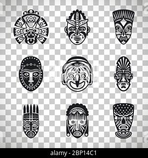 Tribal mask icons, ethnic masks vector isolated on transparent background Stock Vector