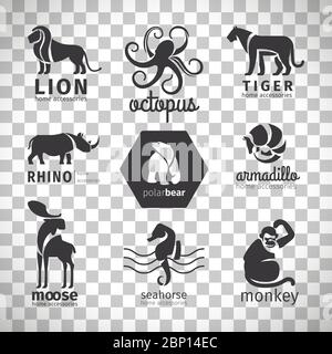 Black silhouette animals vector logos, emblems and labels set isolated on transparent background Stock Vector