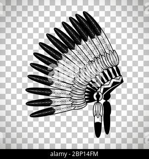American Indian feathers war bonnet isolated on transparent background, vector illustration Stock Vector