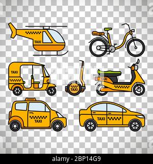 Taxicab and london cab, baby taxi and tuk-tuk rickshaw, helicopter taxi and bicycle taxi isolated on transparent background Stock Vector