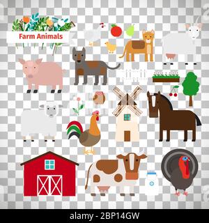 Farm animals in flat style isolated on transparent background, vector illustration Stock Vector