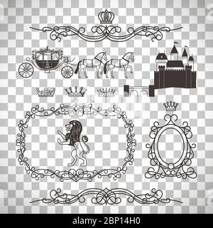 Vintage royal elements and princess decor elements in line style isolated on transparent background, vector illustration Stock Vector