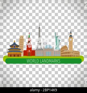 Colorful world landmarks isolated on transparent background, vector illustration Stock Vector