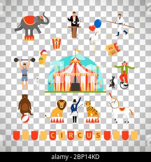 Circus and fun fair elements in modern flat style isolated on transparent background. Vector illustration Stock Vector