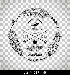Hand drawn tribal label with crossed arrows, feathers and letteringv ...