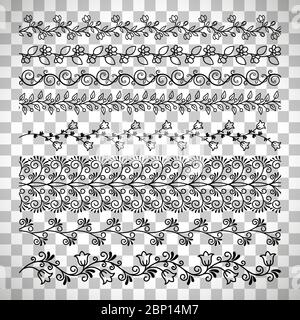Vector floral line border set isolated on transparent background Stock Vector