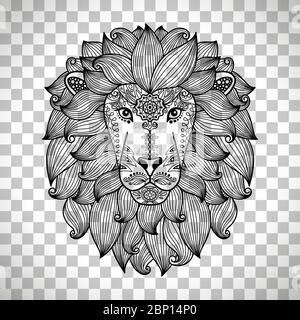 Hand drawn cute vector lion head with ethnic floral pattern isolated on transparent background Stock Vector