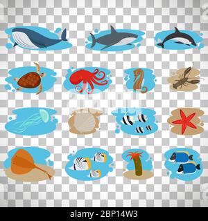 Sea animals flat icons set isolated on transparent background, vector illustration