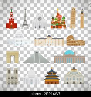 Monuments modern flat icons isolated on transparent background, vector illustration Stock Vector