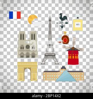 France flag and Paris landmarks flat icons set isolated on transparent background, vector illustration Stock Vector