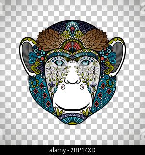 Colorful monkey head totem with ethnic ornament. Hipster monkey head poster isolated on transparent background Stock Vector