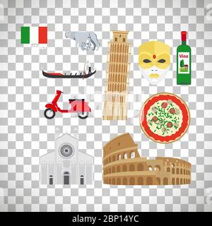 Italy flat icons set isolated on transparent background, vector ilustration Stock Vector