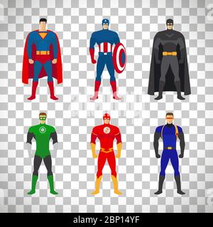 Superhero costumes. Vector set of clothes for super heroes isolated on transparent background Stock Vector