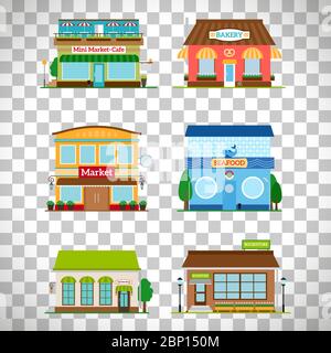 Shop store facade set. Bakery and bookstore, cafe and market isolated on transparent background. Vector illustration Stock Vector