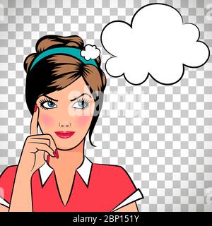 Thinking woman in pop art comic style isolated on transparent background. Vector illustration Stock Vector