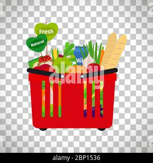 Supermarket shopping basket with natural fresh food isolated on transparent background. Vector illustration Stock Vector