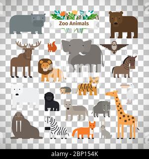 Zoo animals flat design vector icons isolated on transparent background Stock Vector