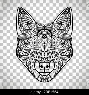 Wolf head with hand drawn guata vector ornament, isolated on transparent background Stock Vector