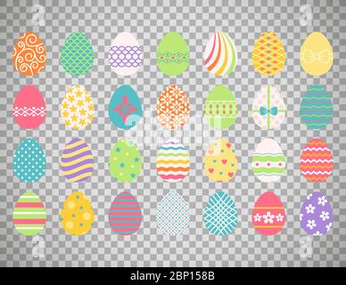 Colored easter eggs or color ostern egg icons with decoration patterns isolated on transparent background vector illustration Stock Vector