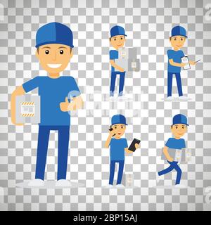 Delivery man in blue uniform holding boxes and documents in different poses isolated on transparent background. Vector illustration Stock Vector