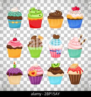 Delicious cupcakes and vector sprinkles muffin set isolated on transparent background Stock Vector