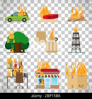 Fire risk icons. Fire in home and building, forgot fire vector signs for insurance and fire safety infographic isolated on transparent background Stock Vector