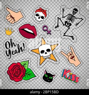 Colorful quirky funny patches with skeleton, rose, skull and lips isolated on transparent background. Vector stickers or badges set Stock Vector