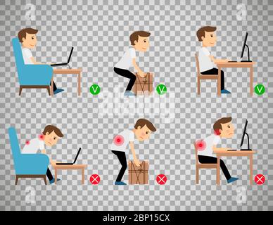 Man sitting, working and lifting heavy things correct and incorrect postures. Vector illustration isolated on transparent background Stock Vector