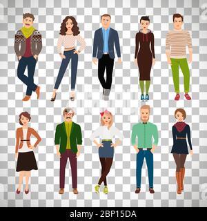 Handsome cute cartoon young fashion people isolated on transparent background. Casual wear men and women vector illustration Stock Vector